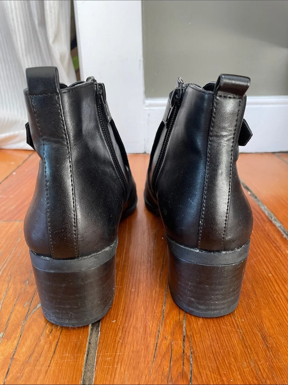 Anne Klein Women's Black Leather Ankle Booties with Buckle Detail